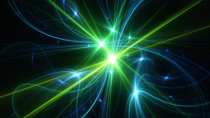 Abstract background, smooth blue and green lines on a black background.