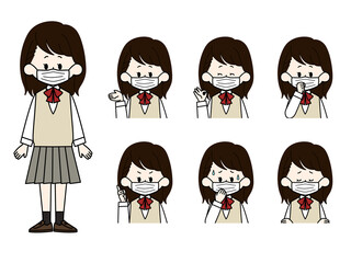 マスクをしている女子学生の表情セット