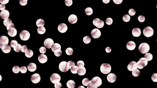 Flying many baseball balls on black background. Bat and ball. Sport equipment. 3D loop animation of baseball balls with red stitching.