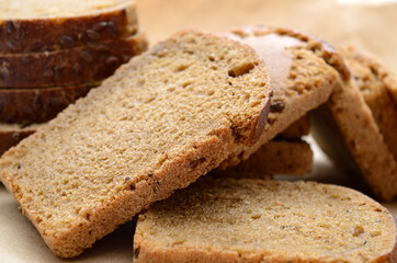 Sliced bread, fresh bakery products close up