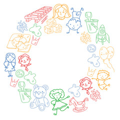 School, kindergarten. Happy children. Creativity, imagination doodle icons with kids. Play, study, grow Happy students Science and research Adventure Explore