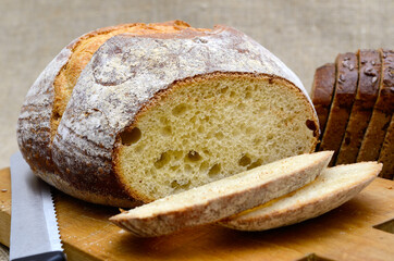 Sliced bread, fresh bakery products close up