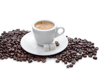 Aromatic coffee in a cup, coffee beans isolated on white.