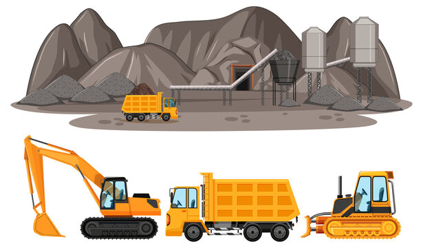Coal mining scene with different types of construction trucks