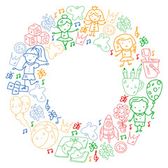 Vector pattern. Kindergarten and toys. Little children game. Kids playground. Education, creativity, imagination.
