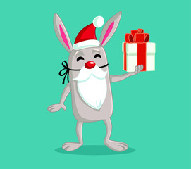 Easter Bunny Dressed Like Santa Claus Holding Gift