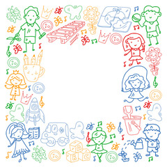 Vector pattern. Kindergarten and toys. Little children game. Kids playground. Education, creativity, imagination.