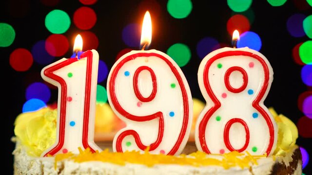 Number 198 Happy Birthday Cake With Burning Candles Topper.