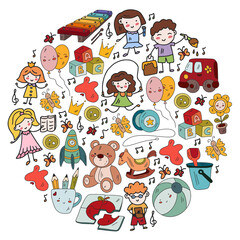 Vector pattern. Kindergarten and toys. Little children game. Kids playground. Education, creativity, imagination.