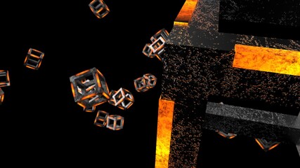 Orange illuminated Scattered Hot Iron Cube. Block chain network technology concept illustration. 3D illustration. 3D CG. 3D high quality rendering. 