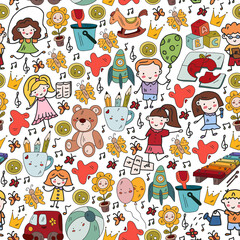 Vector pattern. Kindergarten and toys. Little children game. Kids playground. Education, creativity, imagination.