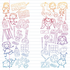 Kindergarten. Vector pattern with toys and small children. Preschool education.