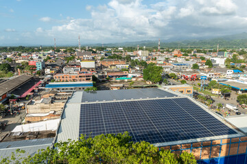 August, 2020. Apartado, Antioquia, Colombia: Panoramic landscape in the city and solar panel on a...