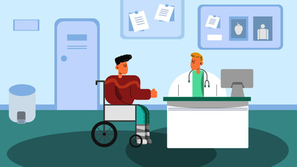Man in wheelchair sitting in doctor office, talking.