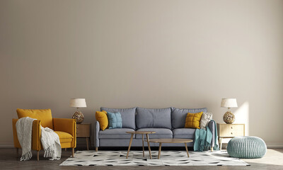 Modern cozy living room interior style. Empty wall mock up. Wall art. Beige wall background. 3d rendering, 3d illustration 