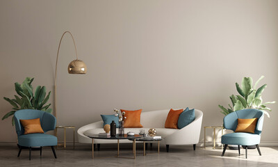 Boho cozy living room interior style. Empty wall mock up. Wall art. Beige wall background. 3d rendering, 3d illustration 