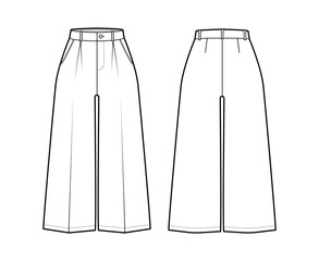 Pants capri technical fashion illustration with normal waist, high rise, single pleat, mid-calf length, wide legs, seam pockets. Flat trousers apparel template back, white color. Women, men CAD mockup