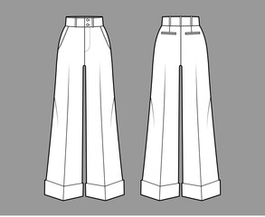 Pants oxford tailored technical fashion illustration with normal waist, high rise, full length, slant jetted pockets. Flat trousers apparel template front back white color. Women men unisex CAD mockup