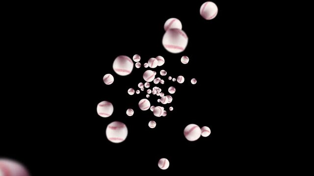 Flying many baseball balls on black background. Bat and ball. Sport equipment. 3D loop animation of baseball balls with red stitching.