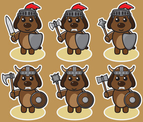 Vector illustration of cute Dog Knight cartoon. Cute Dog expression character design bundle. Good for icon, logo, label, sticker, clipart.