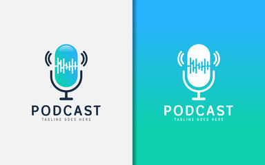 Creative Podcast Logo Design. Abstract Podcast Microphone Combined with Sound Effect Logo Design. Vector Logo Illustration.