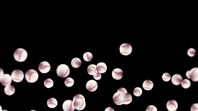 Flying many baseball balls on black background. Bat and ball. Sport equipment. 3D loop animation of baseball balls with red stitching.