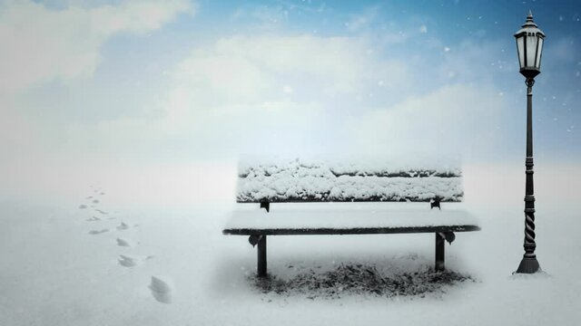 Lonely Bench and Foot Prints in a Snowstorm 4K Loop features a lamppost next to a snow covered empty bench with footprints going off into obscure cloudy background in a loop