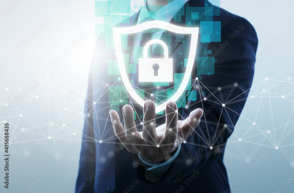 Poster cyber security and business data protection system. businessperson holding padlock and shield icons.