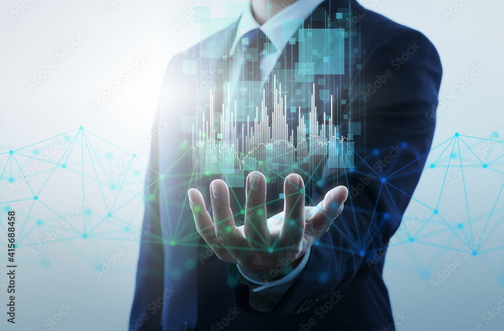 Poster Data analysis and network technology. Businessperson, network structure and graph.