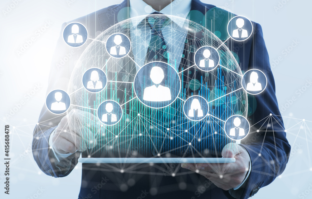 Leinwandbilder Business people network on internet. Business person using tablet computer. Network structure and people icons.