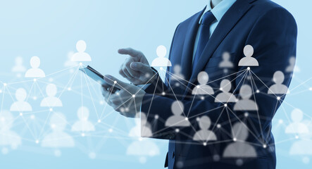 People network on internet. Businessperson using smartphone. Network structure and people icons.