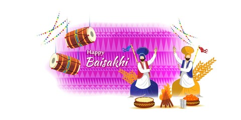 Vector illustration for happy Baisakhi, Indian punjabi festival with festival theme elements.