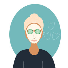 The girl takes care of herself, a sheet mask with cucumbers over her eyes.