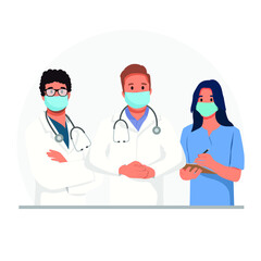 Fototapeta premium doctor concept illustration. doctors are heroes. corona virus fighters. male doctors and female nurses using masks.