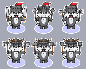 Vector illustration of cute Gray Wolf Knight with Dual weapon cartoon. Cute Wolf expression character design bundle. Good for icon, logo, label, sticker, clipart.