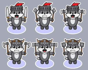 Obraz premium Vector illustration of cute Gray Wolf Knight with Dual weapon cartoon. Cute Wolf expression character design bundle. Good for icon, logo, label, sticker, clipart.