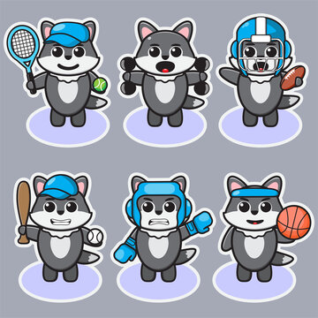 Vector illustration of cute Gray Wolf Sport cartoon. Cute Wolf expression character design bundle. Good for icon, logo, label, sticker, clipart.