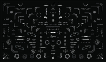 set of geometric linear thin vintage line deco shape art retro with frame corner badge design elements