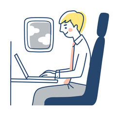 飛行機での移動中にリモートワークをする男性