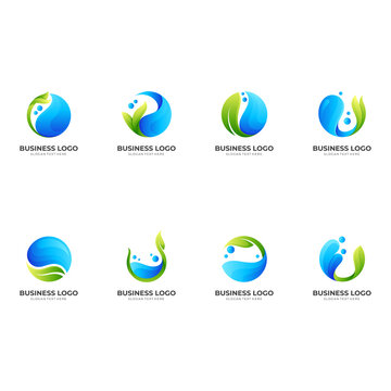 set fresh nature logo, water and leaf, combination logo with 3d green and blue style
