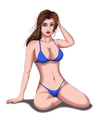 Illustration image of a beautiful woman in good shape and sexy in bikini. She is sitting and stroking her hair.