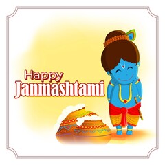vector illustration for Indian festival Janmashtami, birth of lord Krishna (Hindu god), butter pots, flute on colorful abstract background 