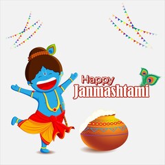 vector illustration for Indian festival Janmashtami, birth of lord Krishna (Hindu god), butter pots, flute on colorful abstract background 