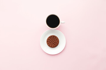 Woman international day concept, coffee cup, plate, cookie on pink background