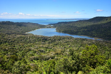 Naklejka na ściany i meble Bird view of Lower Nihotupu Dam surrounded by Waitakere Ranges from Arataki Visitor Centre in West Auckland.