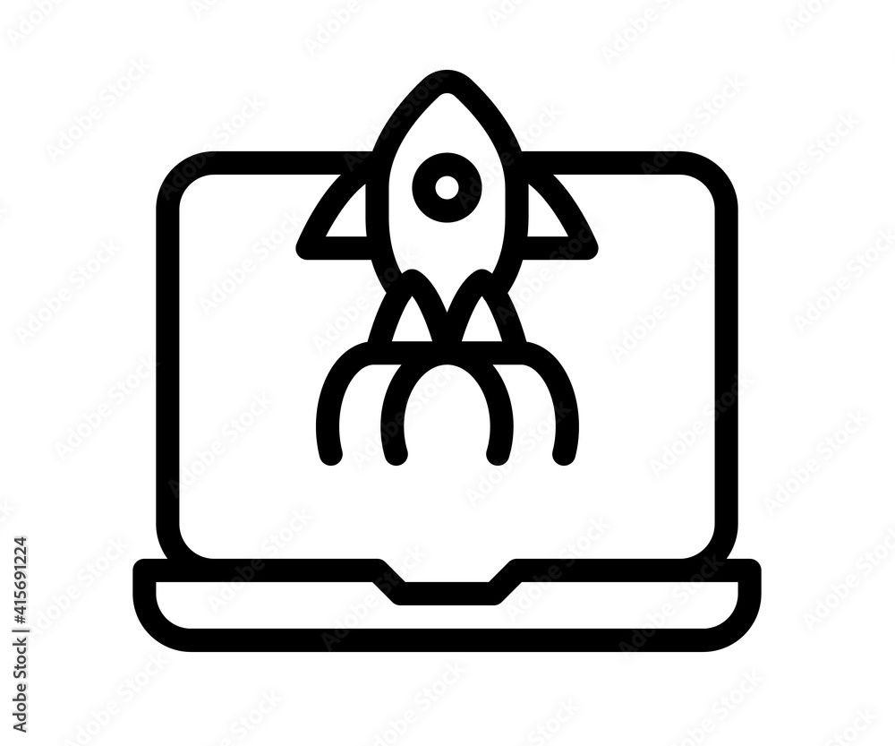 Poster laptop launch startup single isolated icon with outline line style