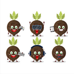 Black radish cartoon character are playing games with various cute emoticons