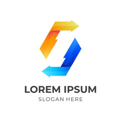 S arrow logo, letter S and arrow, combination logo with 3d yellow and blue color style