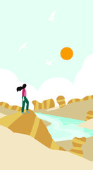 Decorative painting vector of a girl admiring the natural scenery