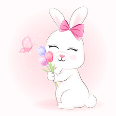 Cute Bunny and tulip flowers with butterfly cartoon animal illustration